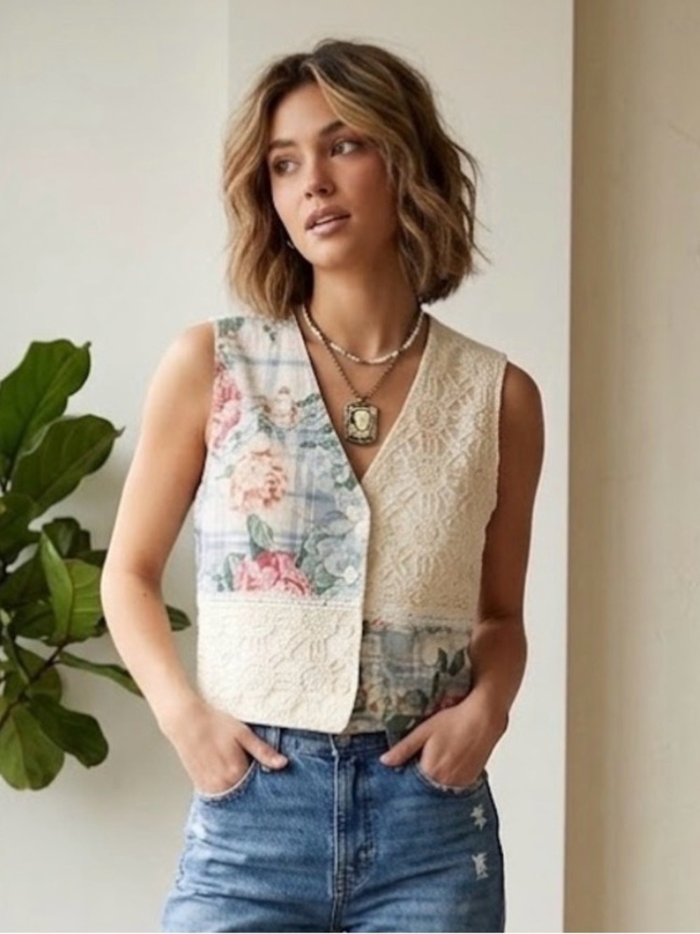 Vintage 90s Patchwork FSTOP Cream Vest, floral and lace, Size Large